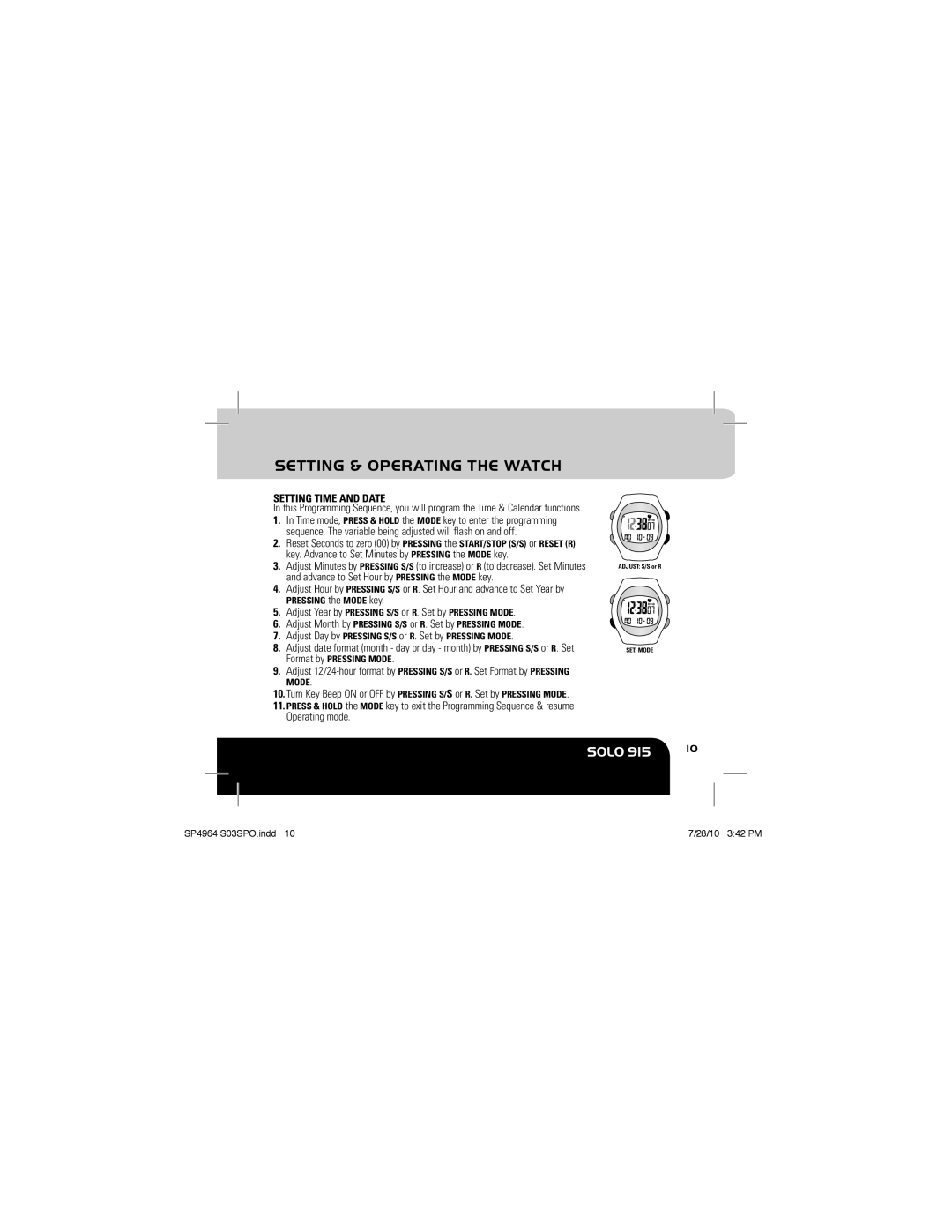 Sportline Solo 915 manual Setting & Operating the Watch, Setting Time and Date 