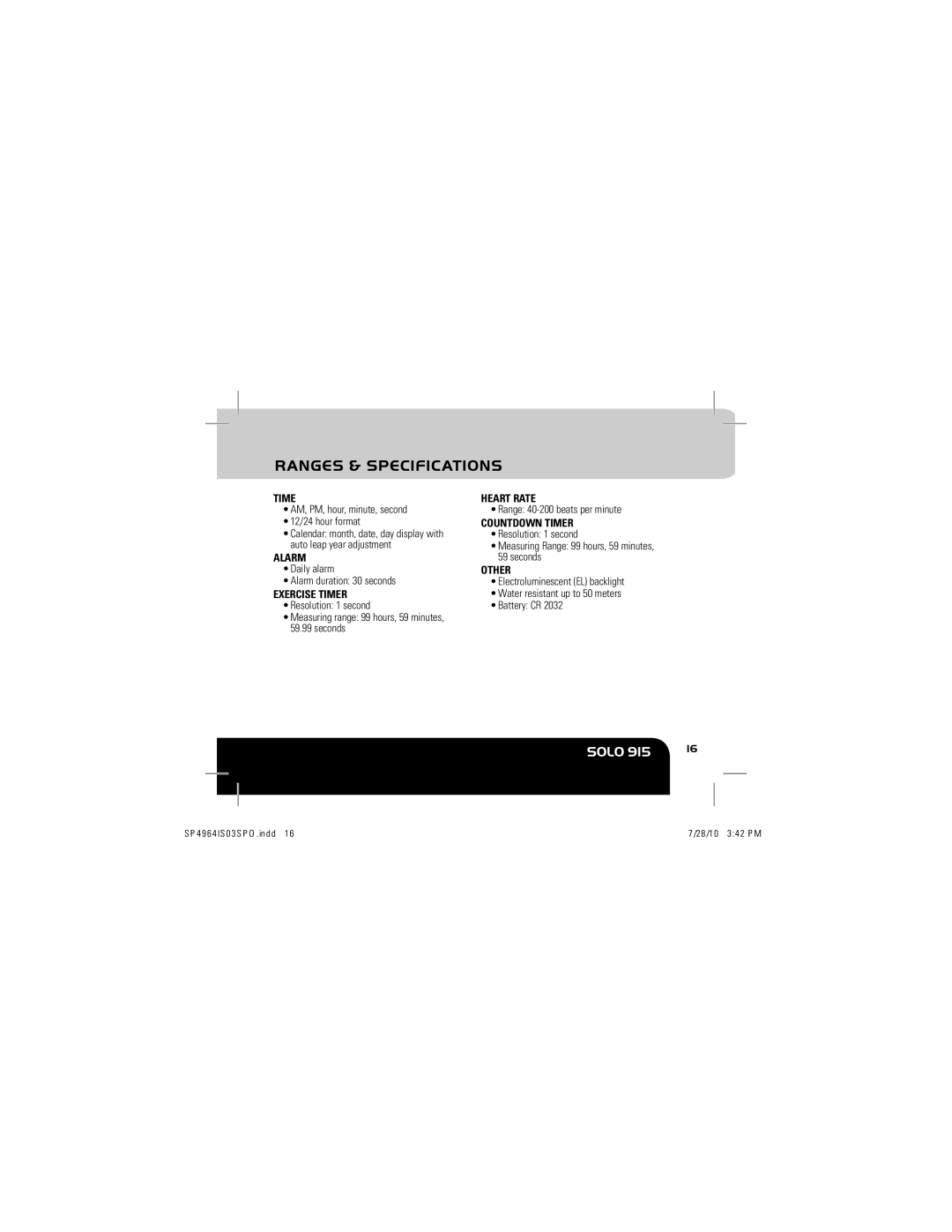 Sportline Solo 915 manual Ranges & Specifications, Time, Alarm 