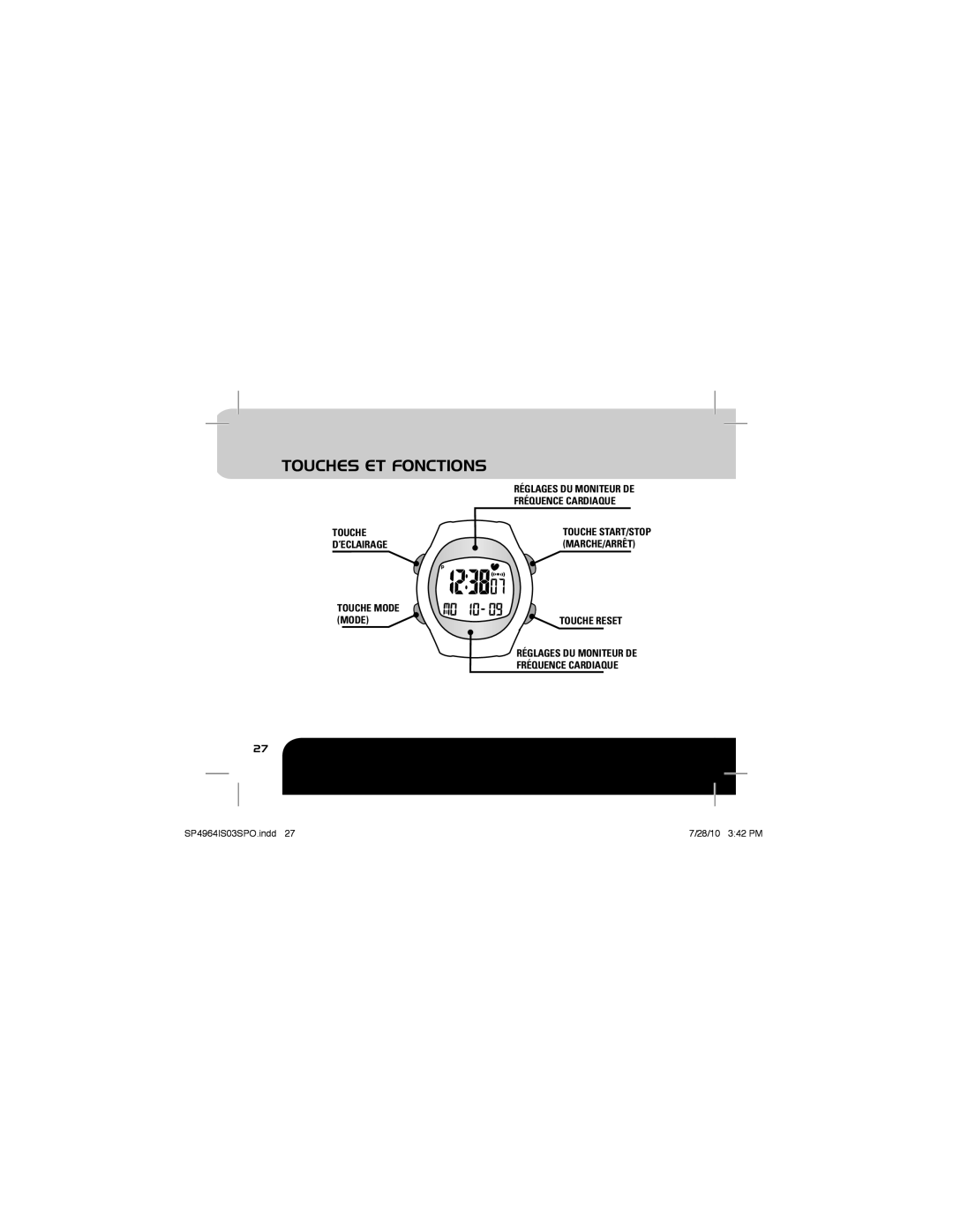 Sportline Solo 915 manual Touches ET Fonctions, Touche ’ECLAIRAGE, Touche Reset 