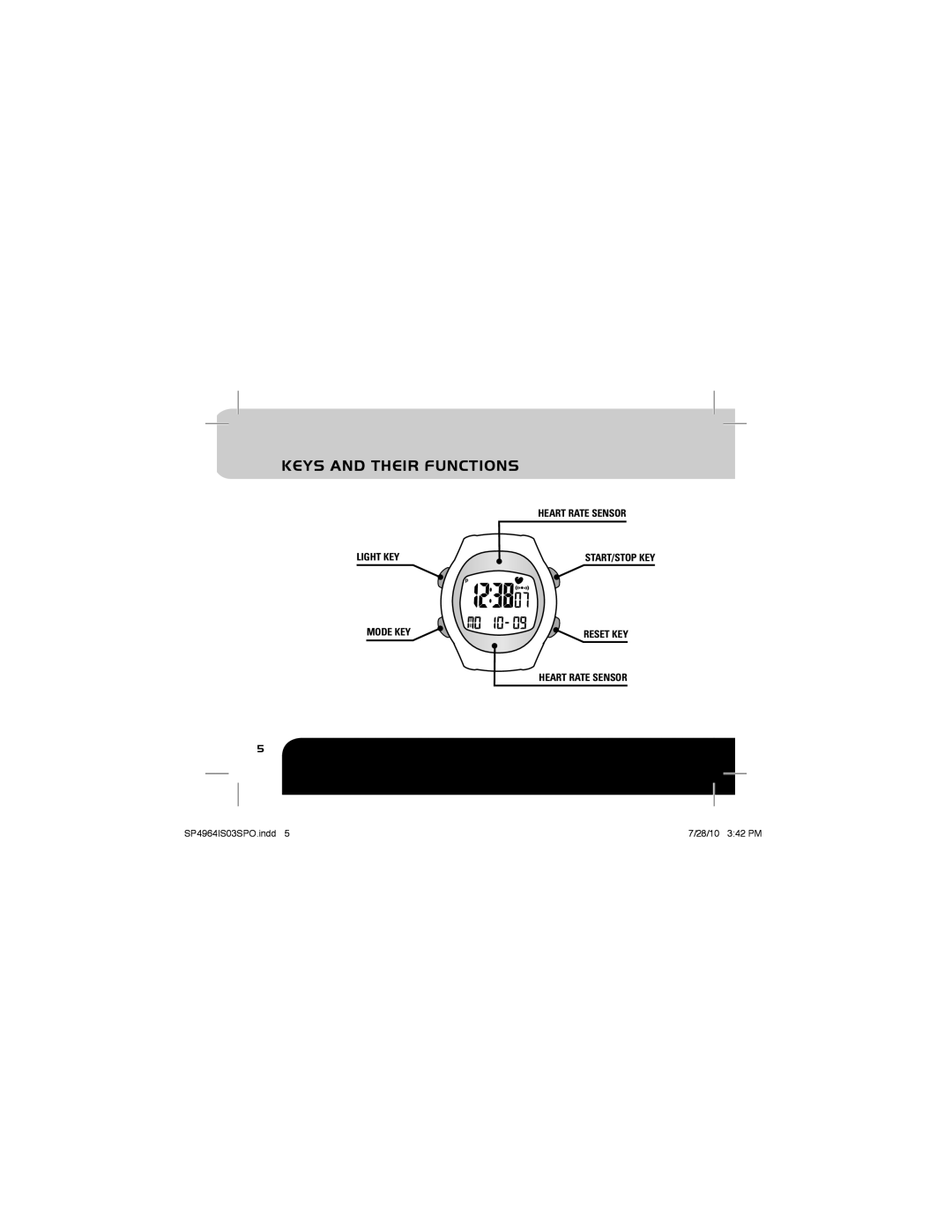 Sportline Solo 915 manual Keys and Their Functions, Light KEY, Mode KEY Reset KEY Heart Rate Sensor 