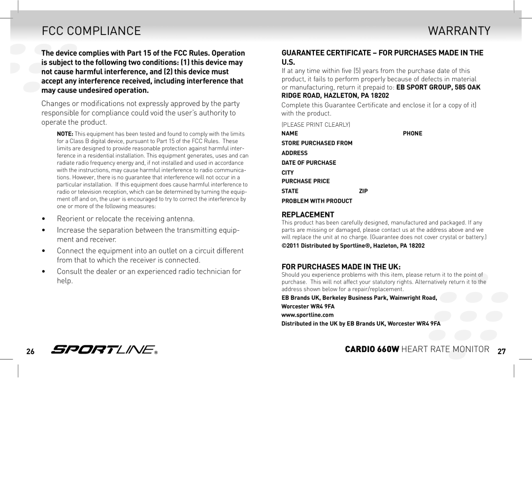 Sportline SP1449S015SPO manual FCC Compliance, Warranty, Guarantee Certificate For purchases made in the U.S 