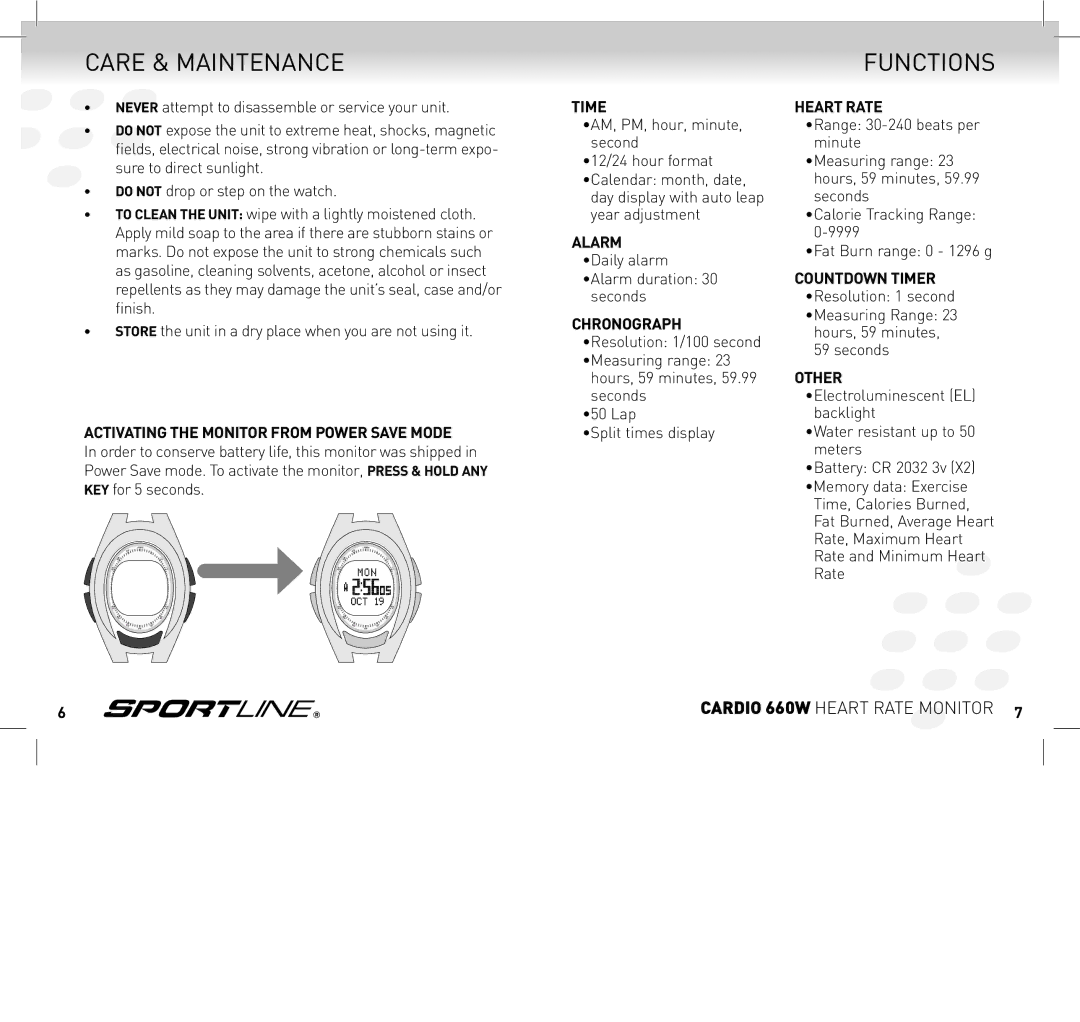 Sportline SP1449S015SPO manual Care & Maintenance, Functions 