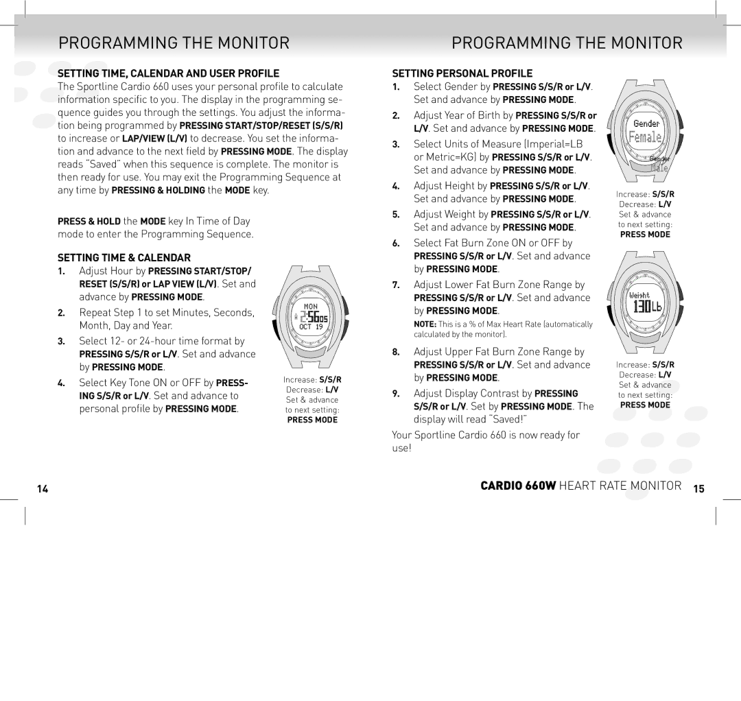 Sportline SP1449S015SPO manual Programming the monitor, Setting time, calendar and user profile 