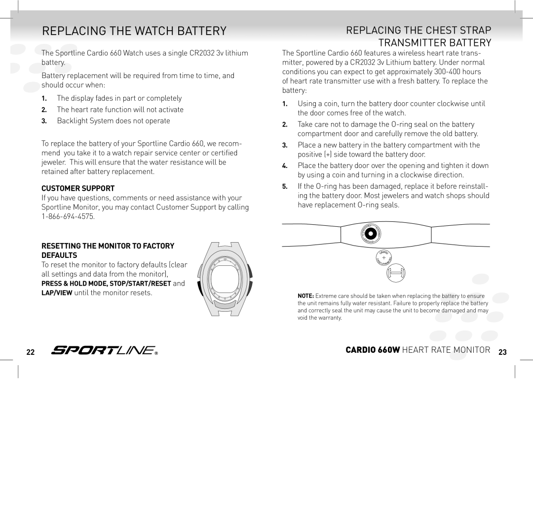 Sportline SP1449S015SPO manual Replacing the watch battery, Replacing the chest strap transmitter battery 
