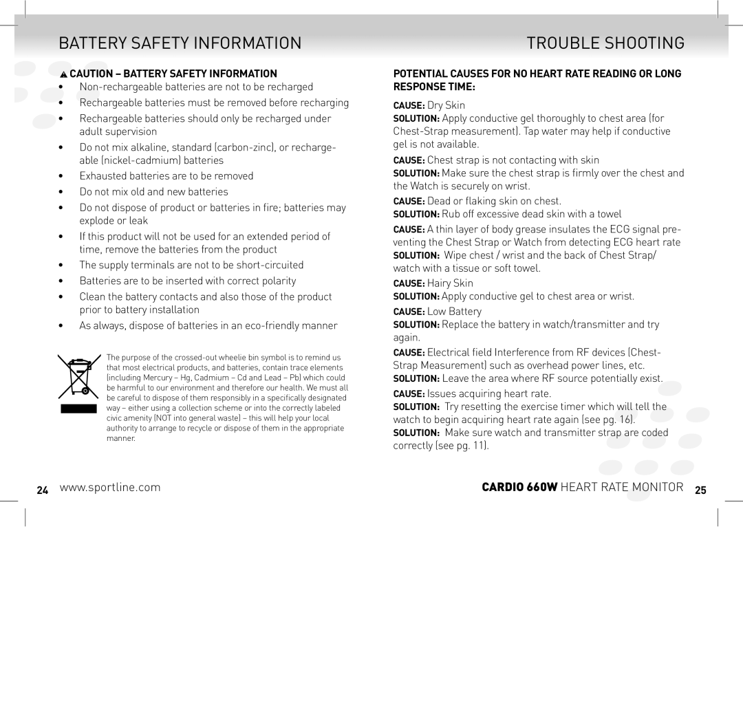 Sportline SP1449S015SPO manual battery safety information, TRouble shooting, Cardio 660w Heart Rate Monitor 