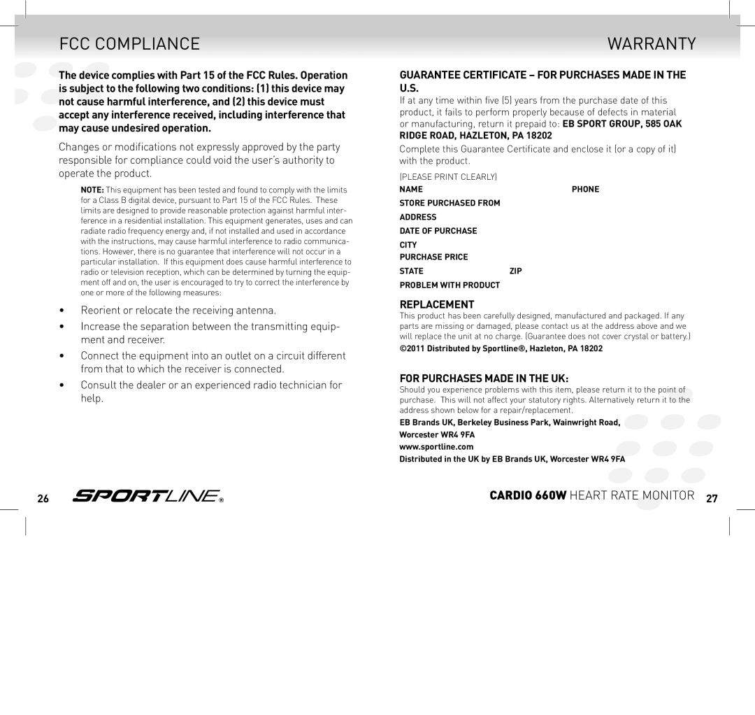 Sportline SP1449S015SPO manual FCC Compliance, Warranty, Cardio 660w Heart Rate Monitor, Replacement 
