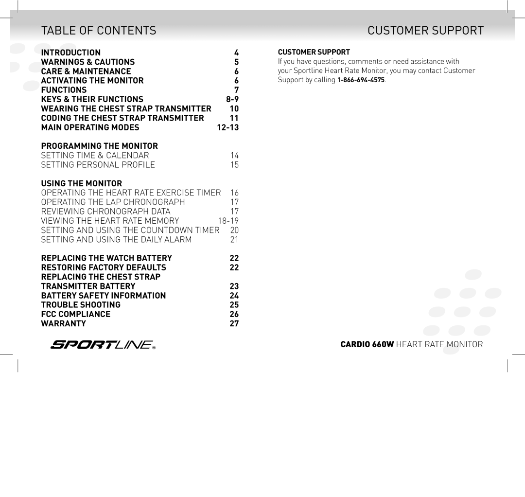 Sportline SP1449S015SPO manual Table of contents, Customer Support 