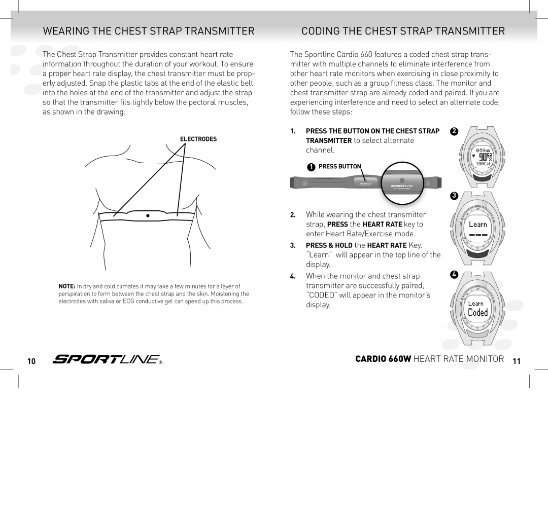 Sportline SP1449S015SPO manual Wearing the chest strap Transmitter, coding the chest strap transmitter 