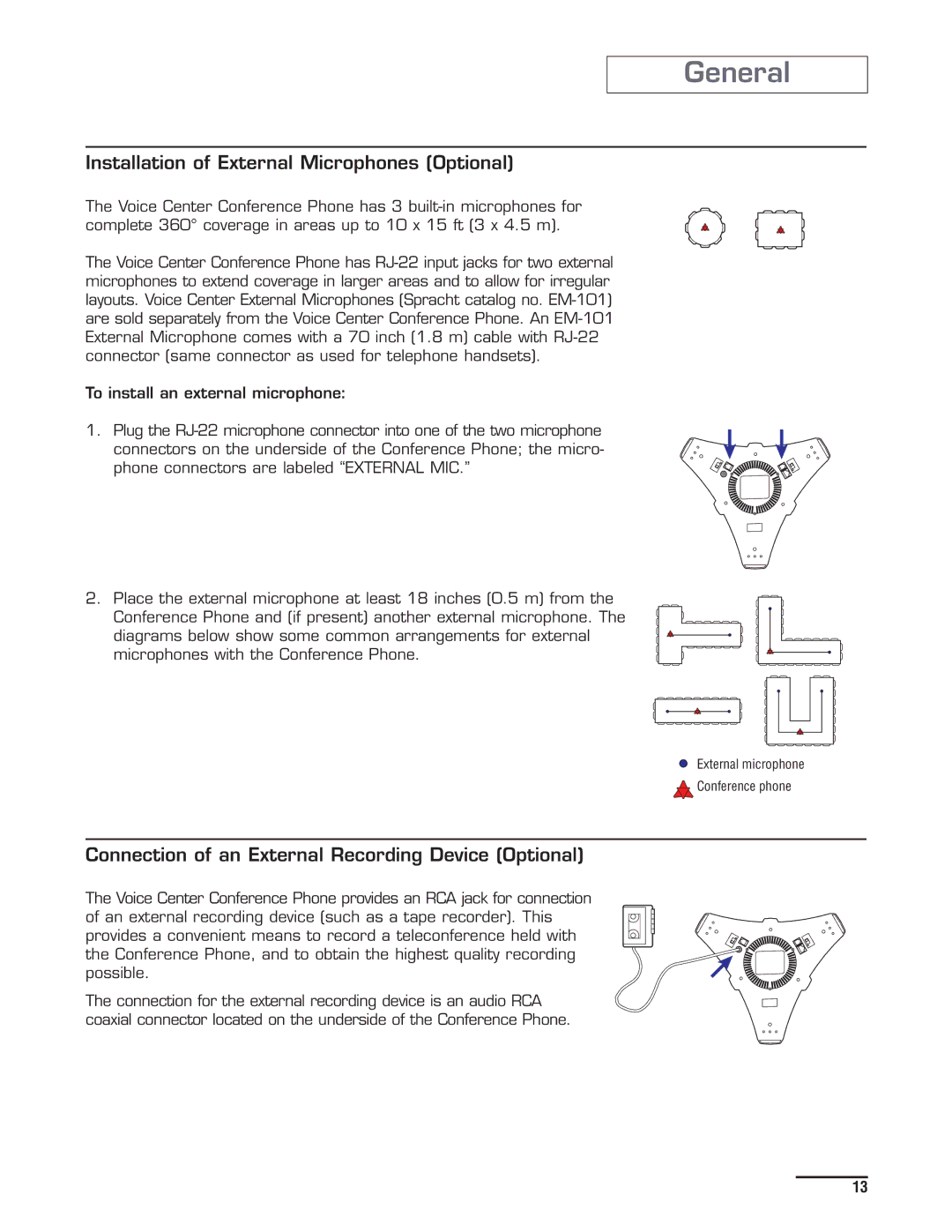 Spracht cp-2010 manual General, Installation of External Microphones Optional 