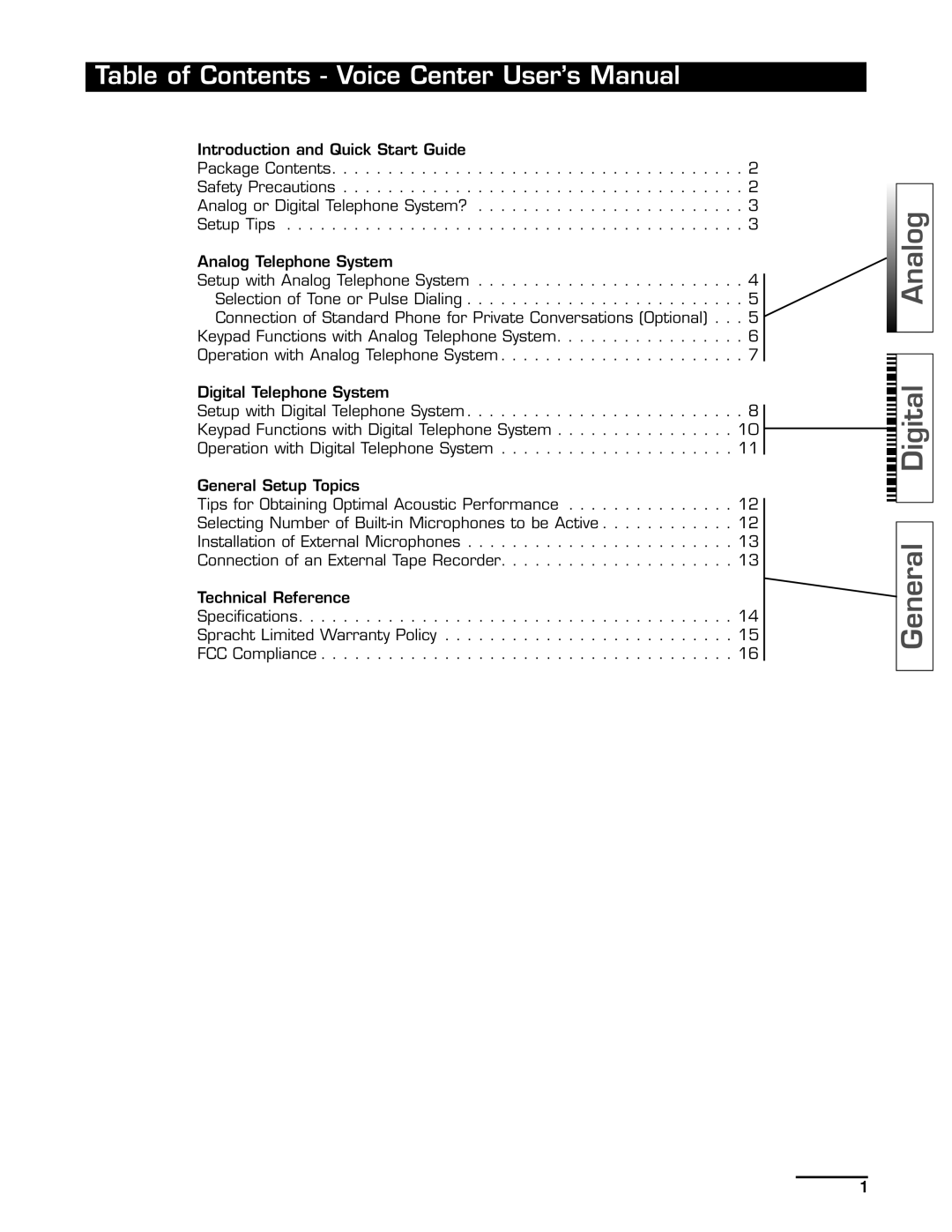 Spracht cp-2010 manual Table of Contents Voice Center User’s Manual 