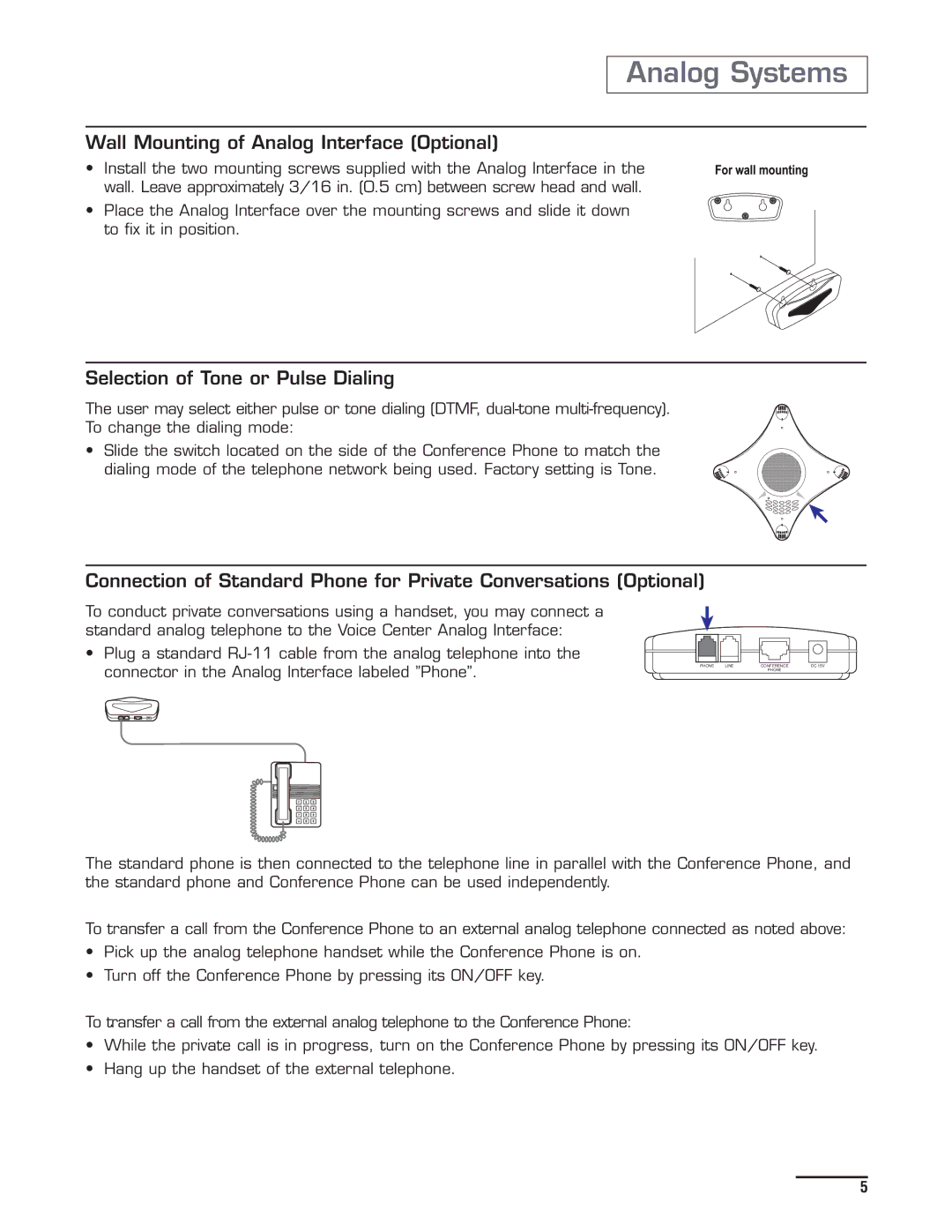 Spracht CP-2012 manual Wall Mounting of Analog Interface Optional, Selection of Tone or Pulse Dialing 