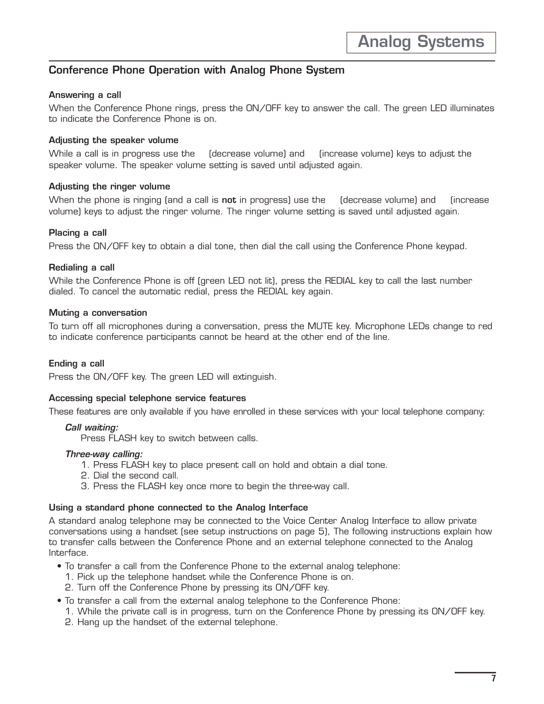 Spracht CP-2012 manual Conference Phone Operation with Analog Phone System, Three-way calling 