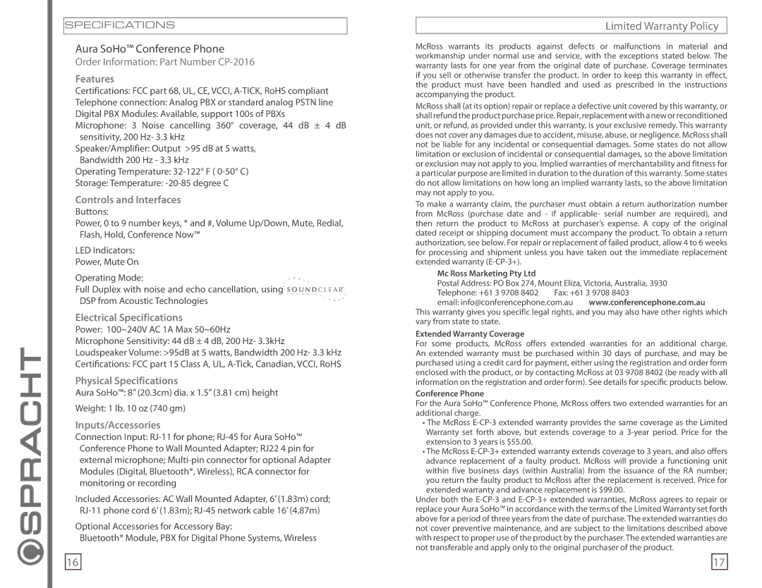Spracht CP-2016-007, CP-2016-004, CP-2016-003 manual Limited Warranty Policy, Features 