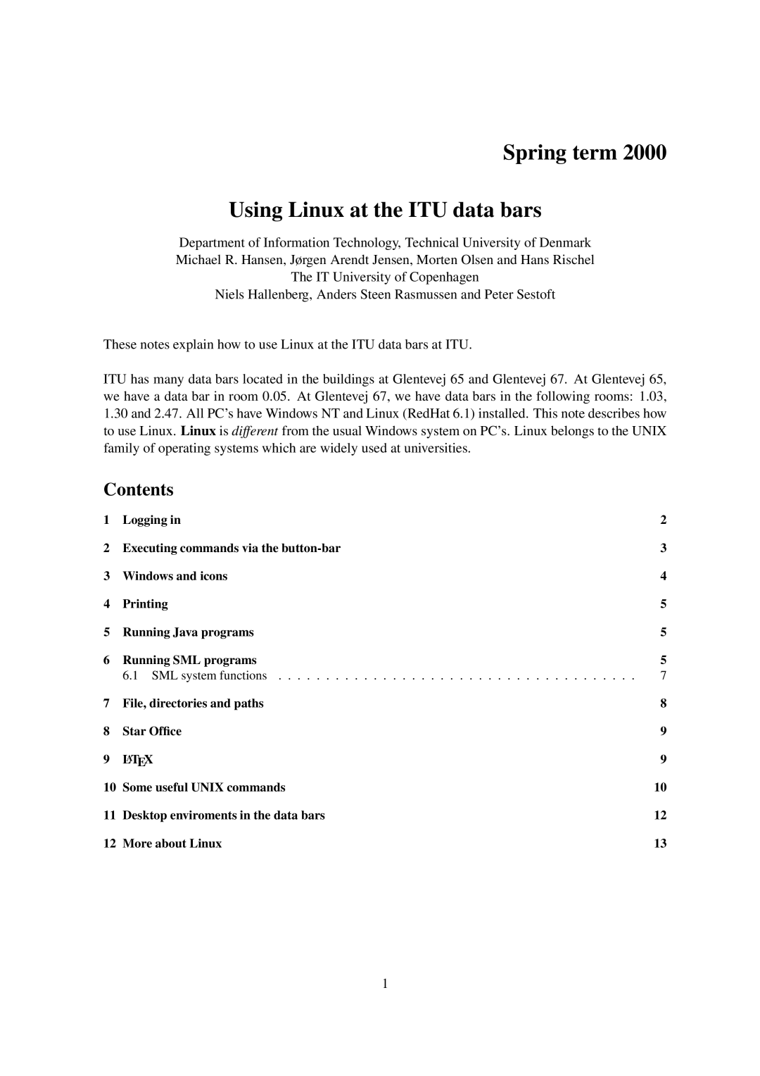 Spring Switzerland GmbH 2000 manual Spring term Using Linux at the ITU data bars, Contents 