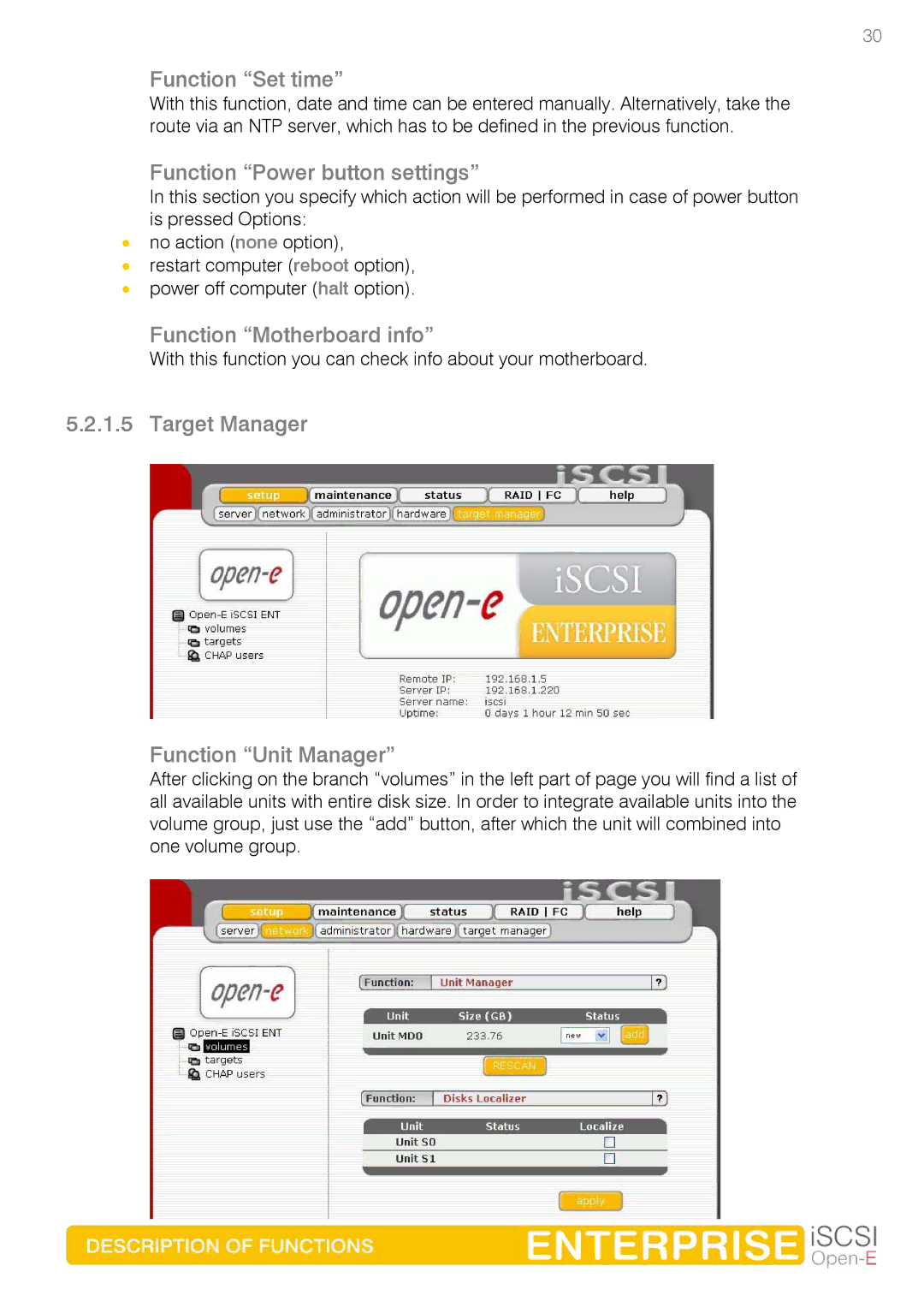 Spring Switzerland GmbH Ver. 1.61 manual Function Set time, Function Power button settings, Function Motherboard info 