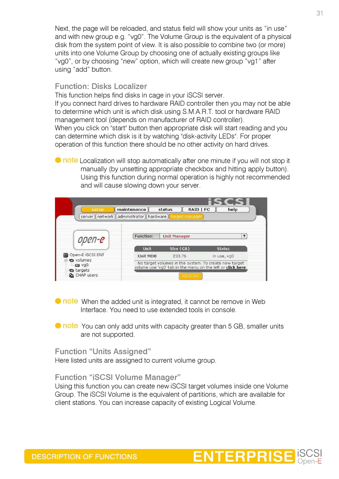 Spring Switzerland GmbH Ver. 1.61 manual Function Disks Localizer, Function Units Assigned, Function iSCSI Volume Manager 