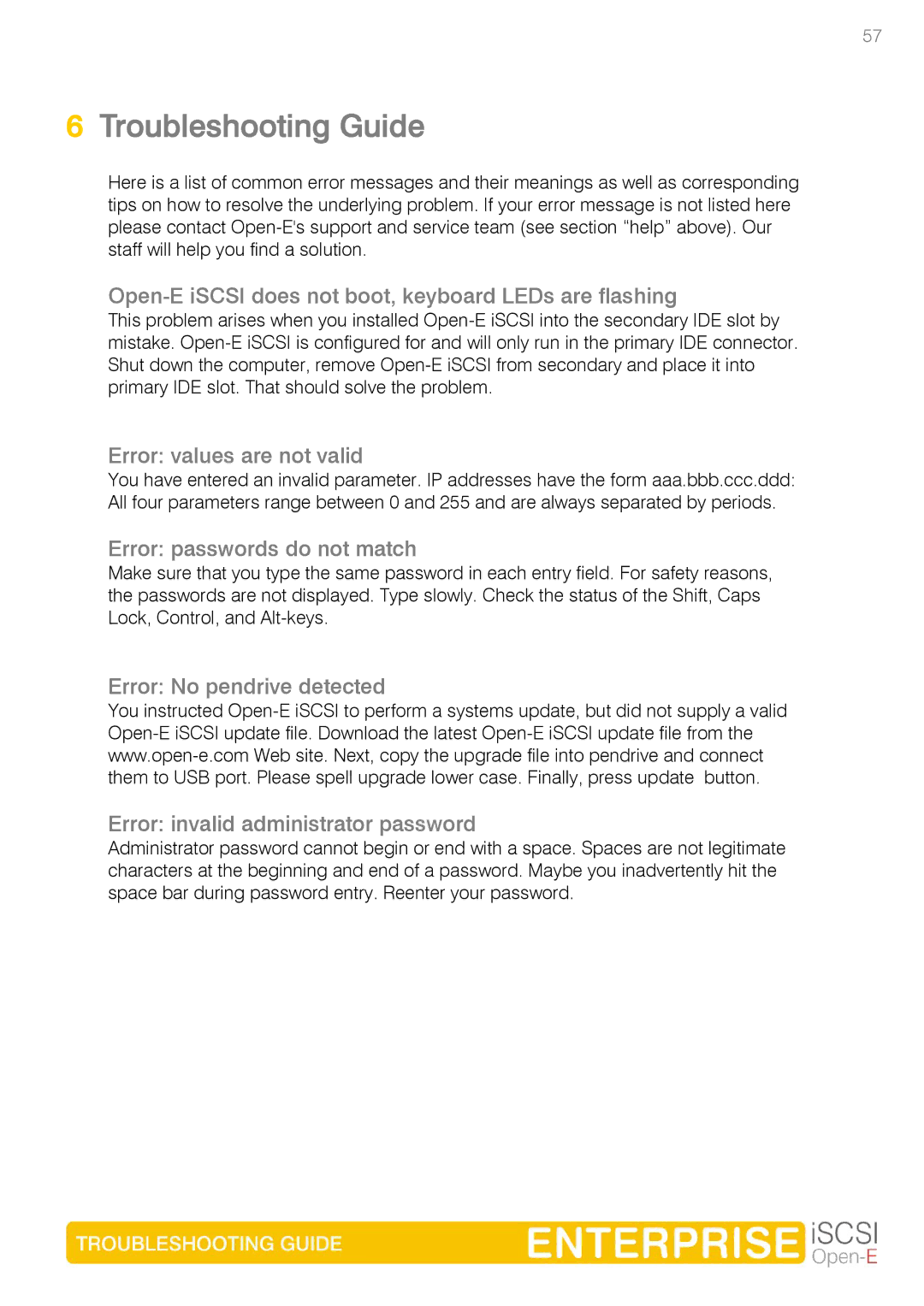 Spring Switzerland GmbH Ver. 1.61 manual Troubleshooting Guide, Open-E iSCSI does not boot, keyboard LEDs are flashing 