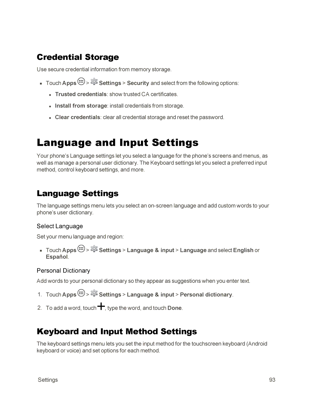 Sprint Nextel 105 Language and Input Settings, Credential Storage, Language Settings, Keyboard and Input Method Settings 