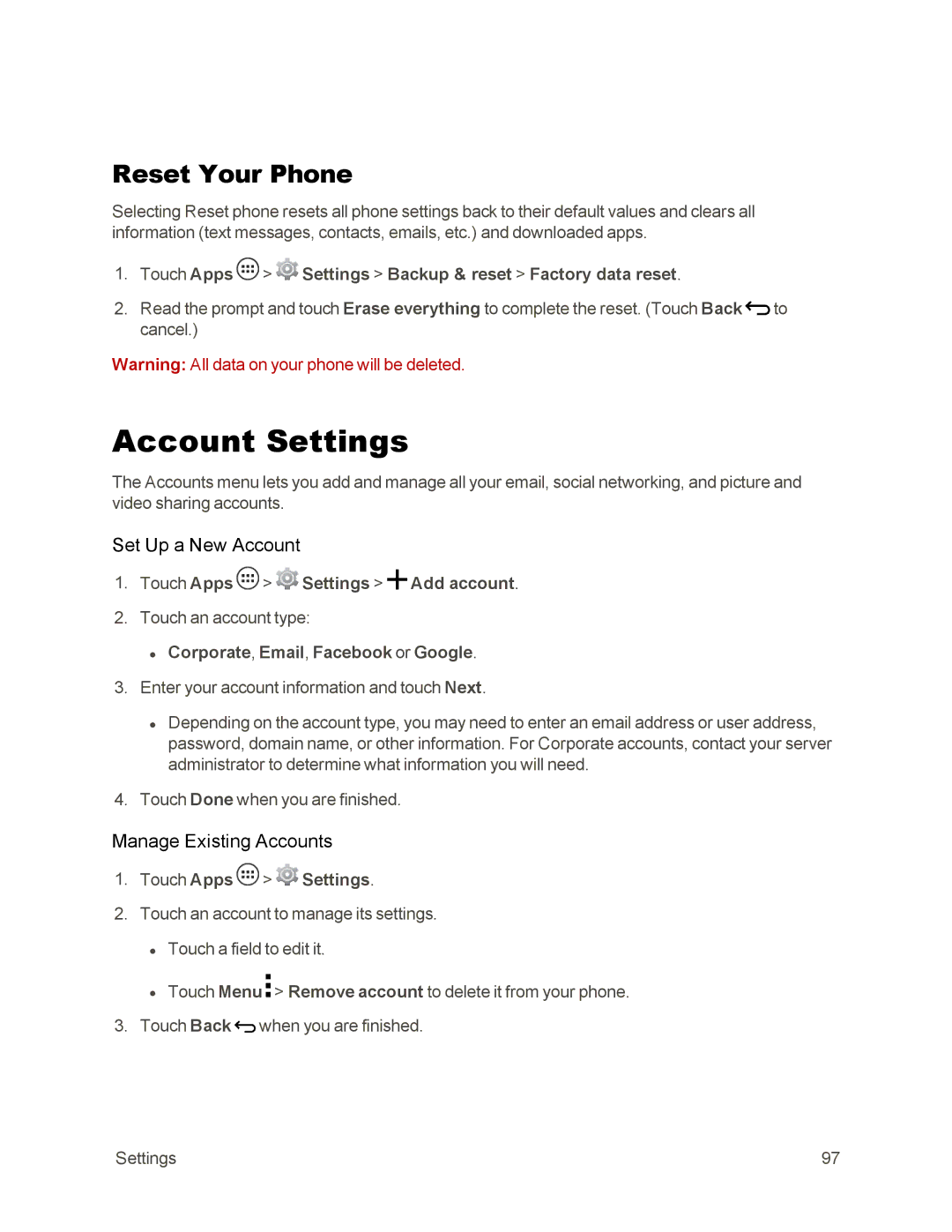 Sprint Nextel 105 manual Account Settings, Reset Your Phone, Set Up a New Account, Manage Existing Accounts 