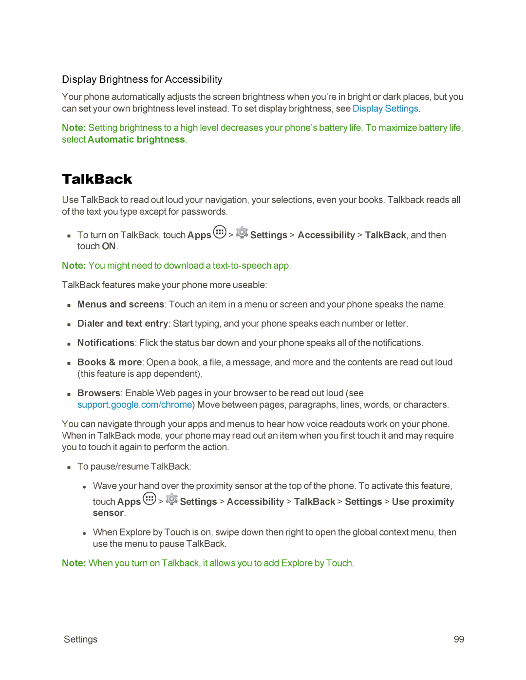 Sprint Nextel 105 manual TalkBack, Display Brightness for Accessibility 