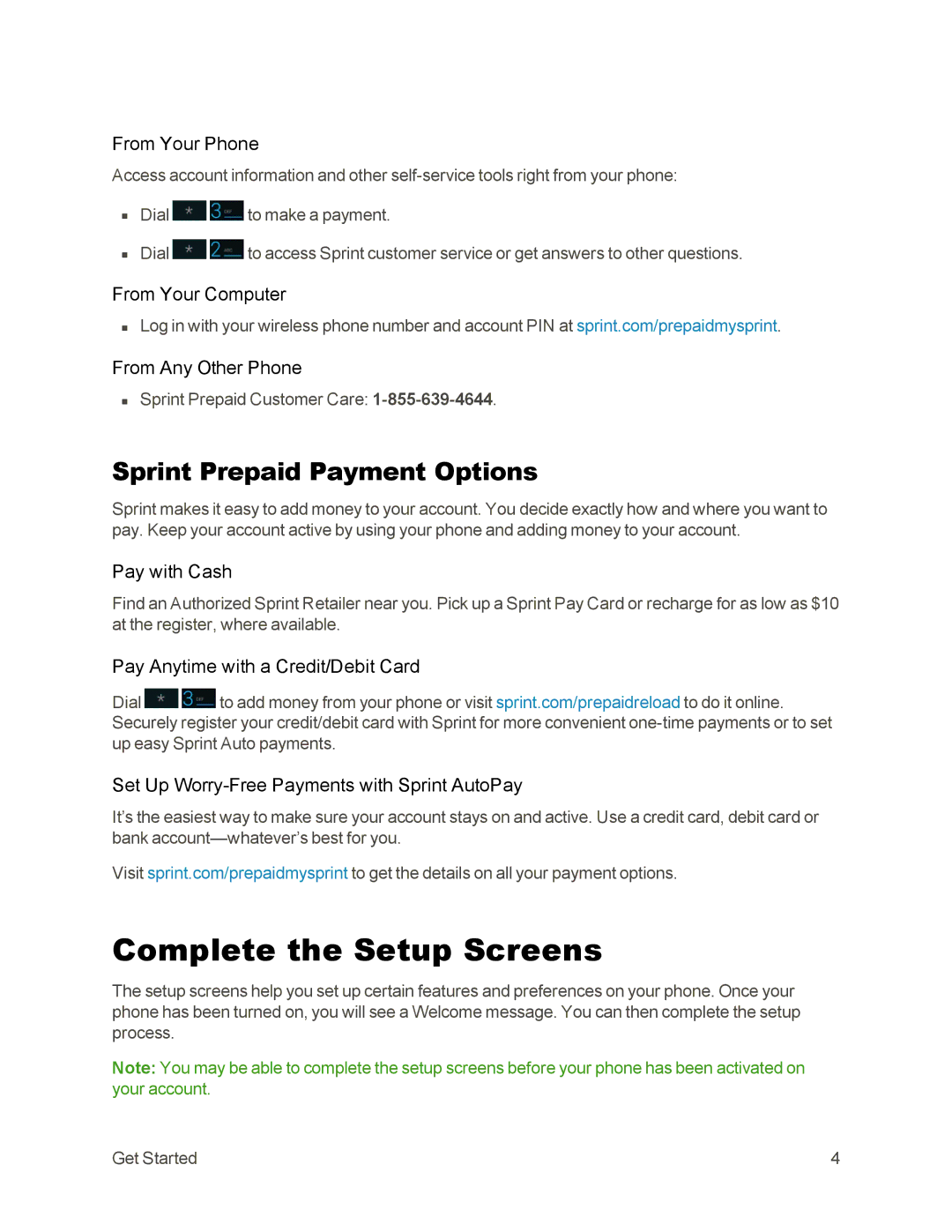 Sprint Nextel 105 manual Complete the Setup Screens, Sprint Prepaid Payment Options, From Your Phone, Pay with Cash 