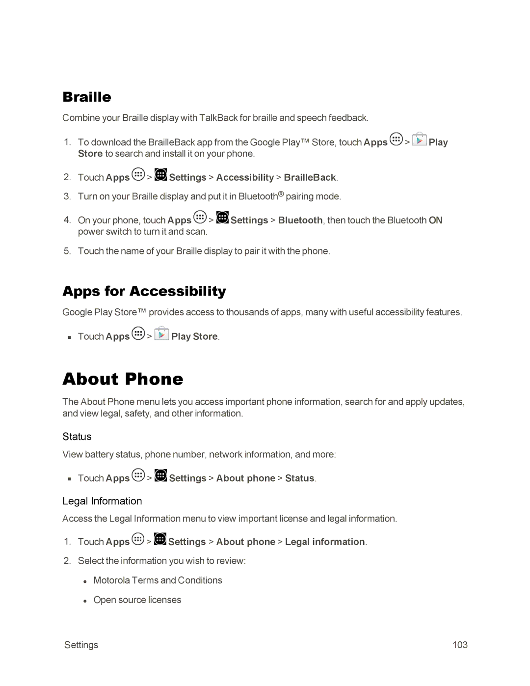 Sprint Nextel 105 manual About Phone, Braille, Apps for Accessibility, Status, Legal Information 