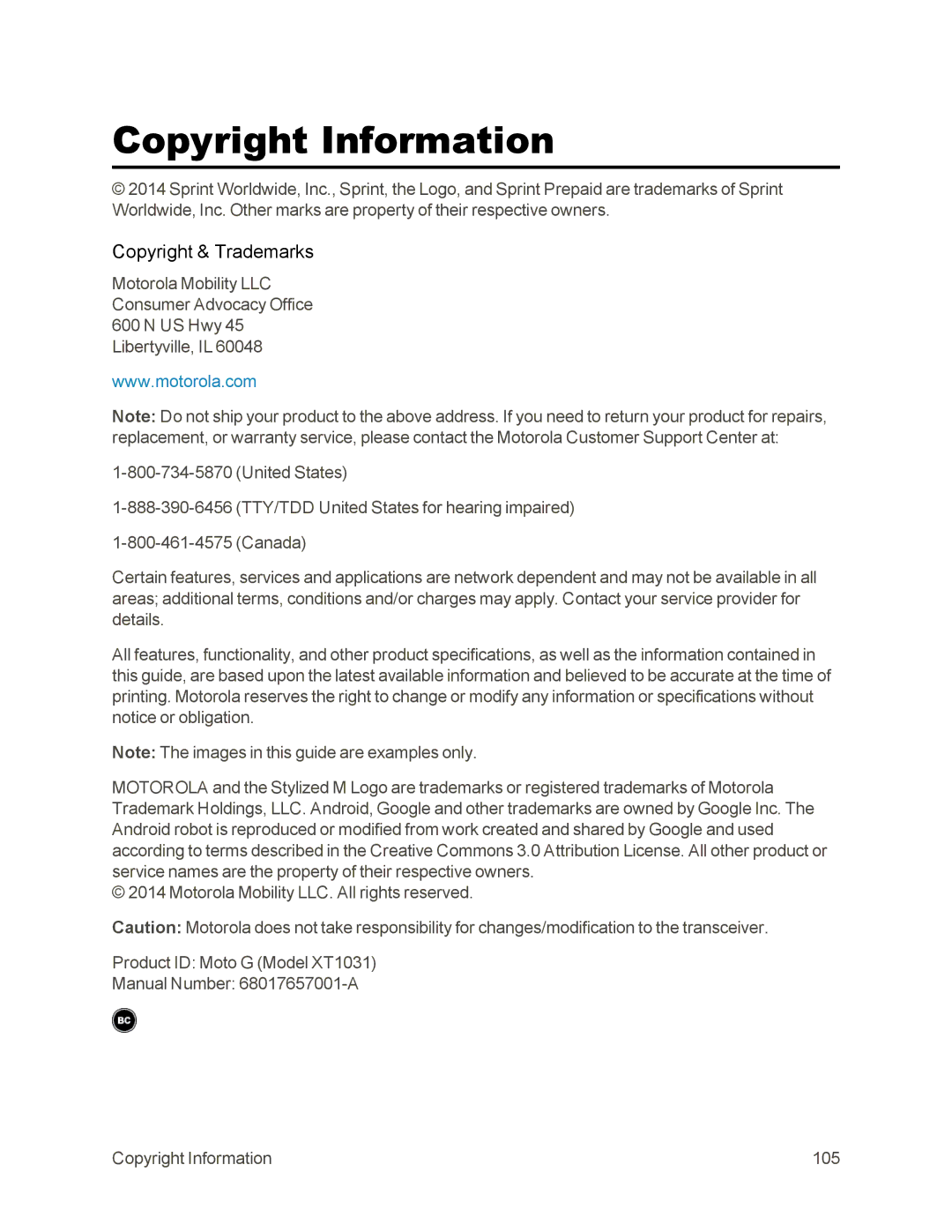 Sprint Nextel 105 manual Copyright Information, Copyright & Trademarks 