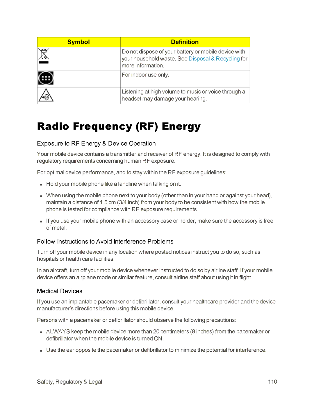 Sprint Nextel 105 manual Radio Frequency RF Energy, Exposure to RF Energy & Device Operation, Medical Devices 