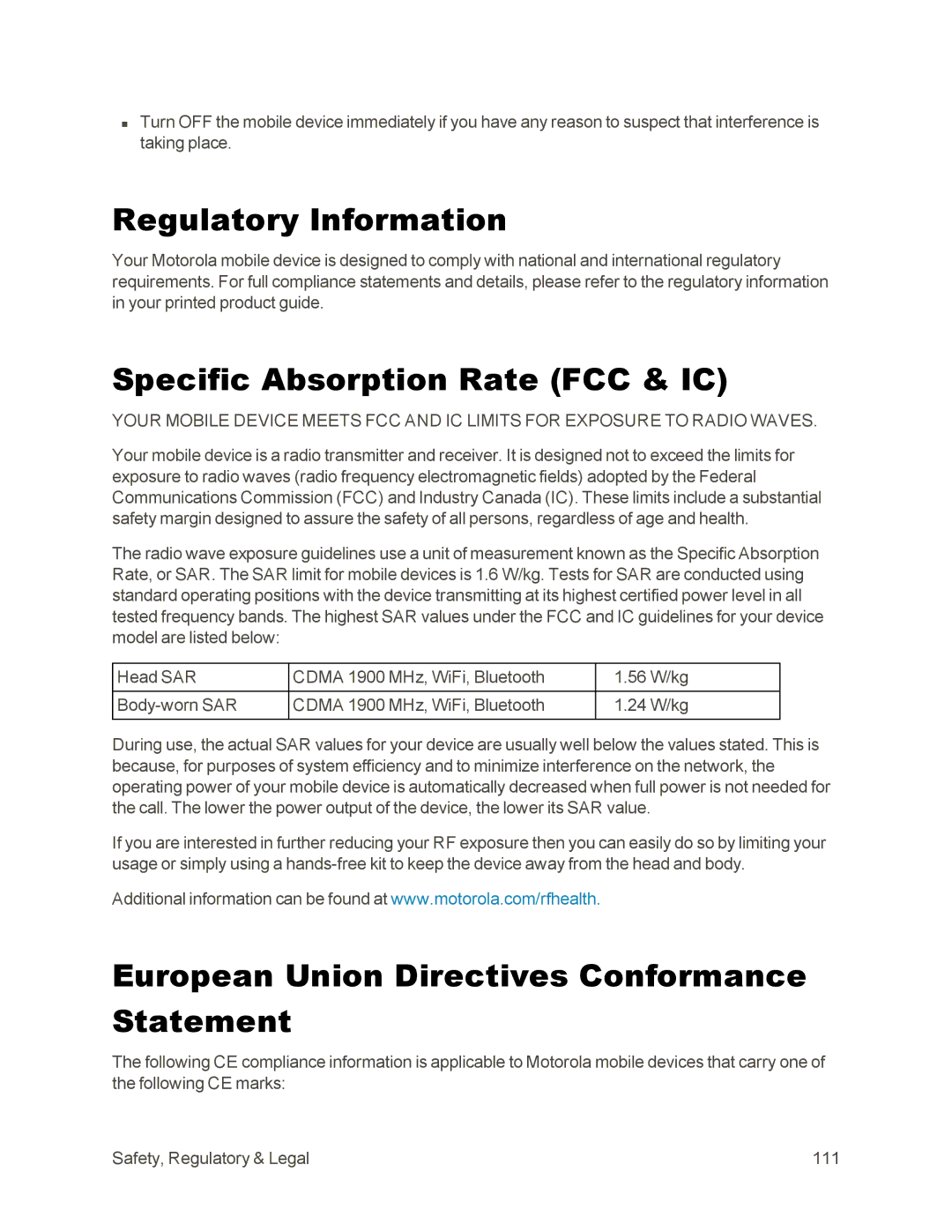 Sprint Nextel 105 manual Regulatory Information, Specific Absorption Rate FCC & IC 