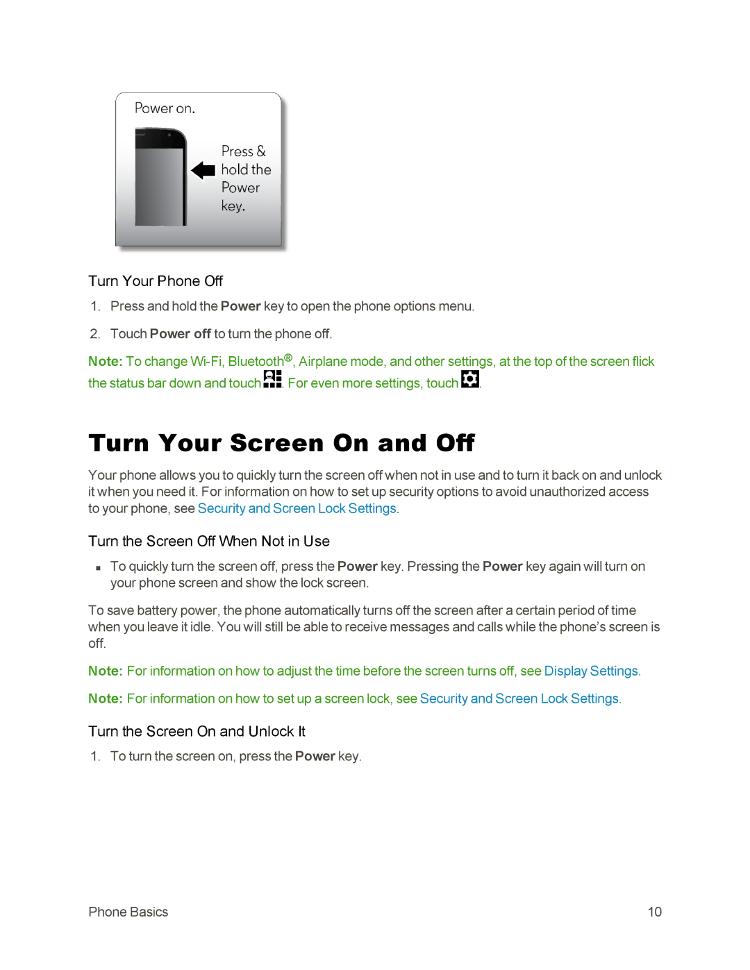 Sprint Nextel 105 manual Turn Your Screen On and Off, Turn Your Phone Off, Turn the Screen Off When Not in Use 