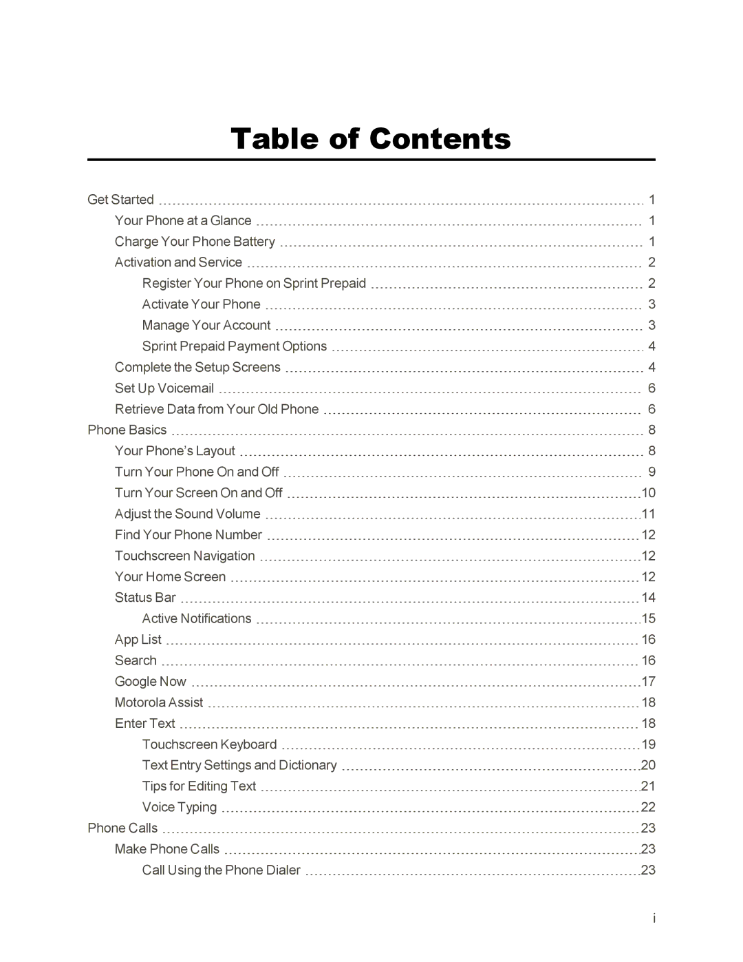 Sprint Nextel 105 manual Table of Contents 