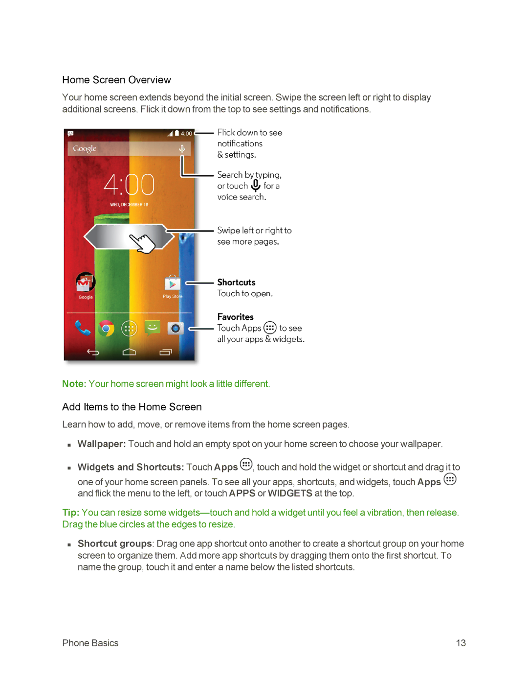 Sprint Nextel 105 manual Home Screen Overview, Add Items to the Home Screen 