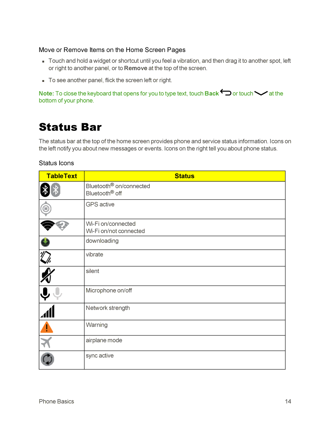 Sprint Nextel 105 manual Status Bar, Move or Remove Items on the Home Screen Pages, Status Icons 