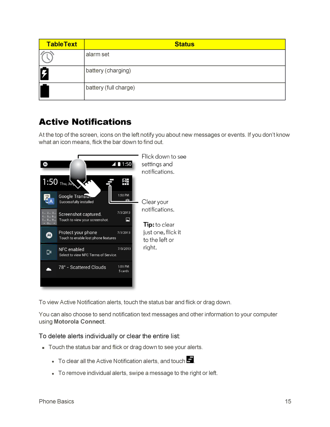 Sprint Nextel 105 manual Active Notifications, To delete alerts individually or clear the entire list 