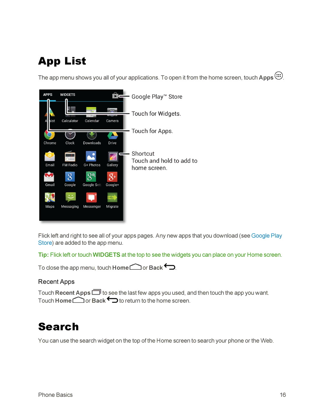 Sprint Nextel 105 manual App List, Search, Recent Apps 