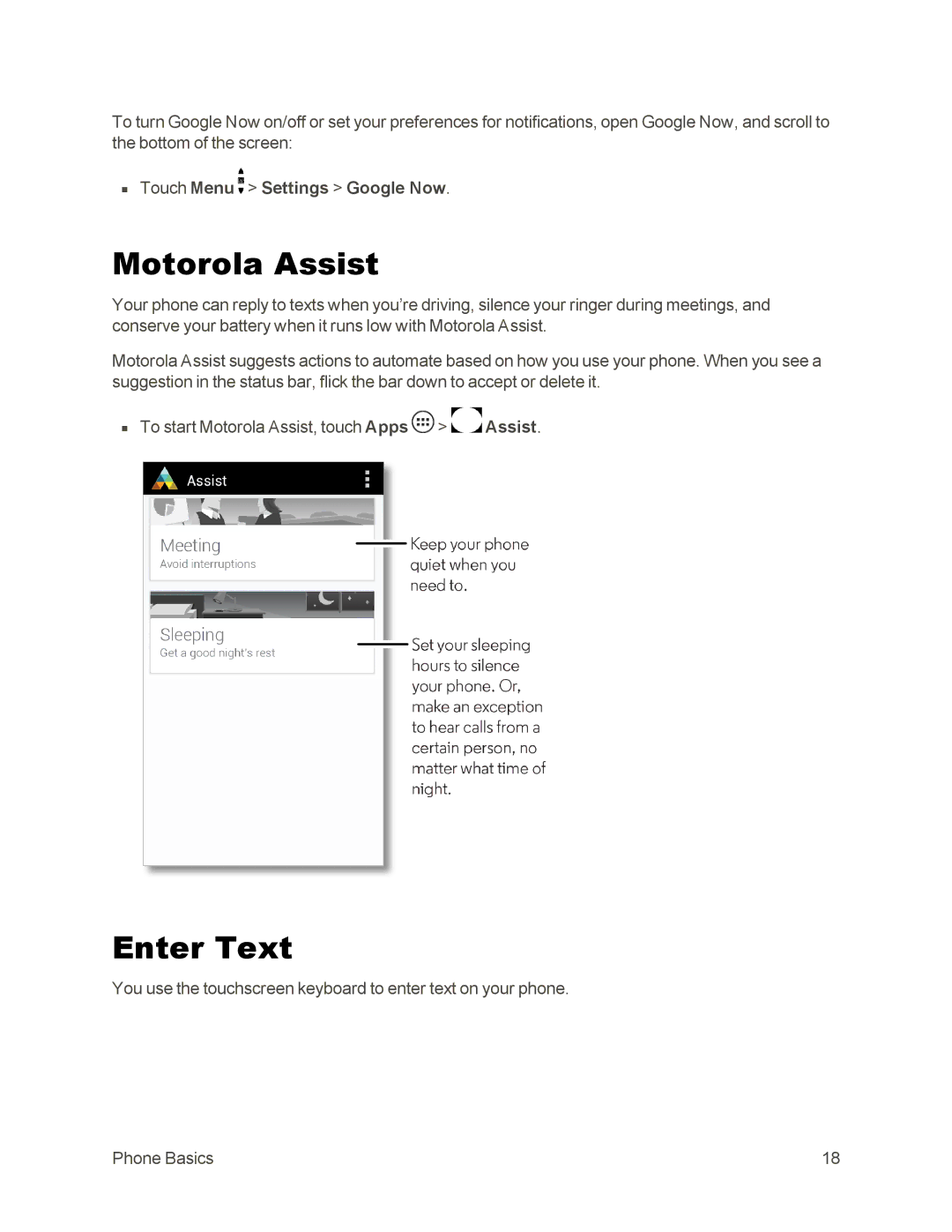 Sprint Nextel 105 manual Motorola Assist, Enter Text, Touch Menu Settings Google Now 