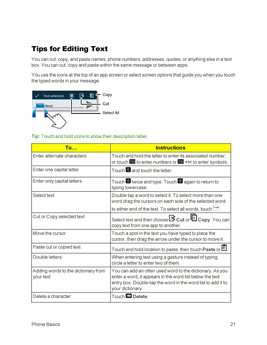 Sprint Nextel 105 manual Tips for Editing Text, Cut or, Delete 