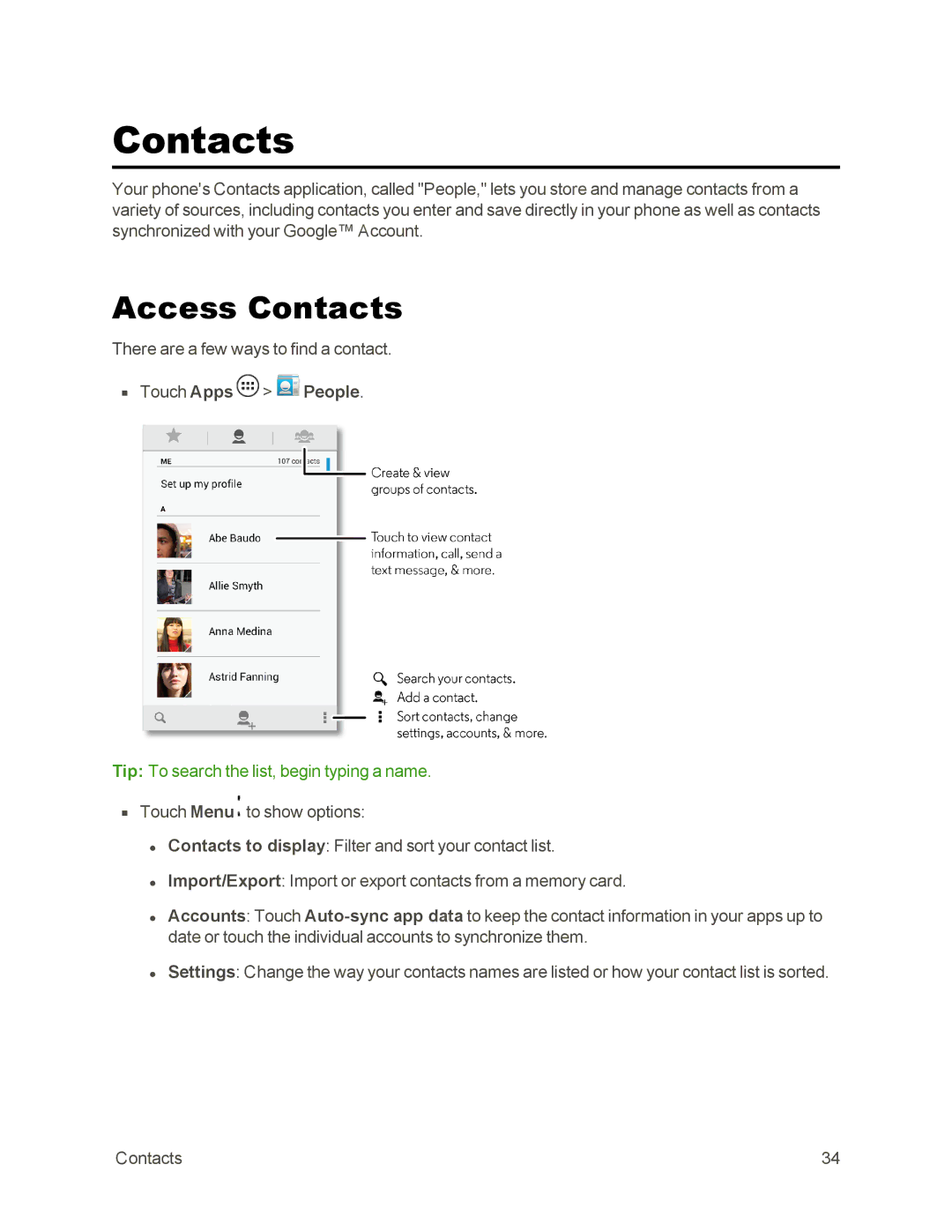 Sprint Nextel 105 manual Access Contacts, Touch Apps People 