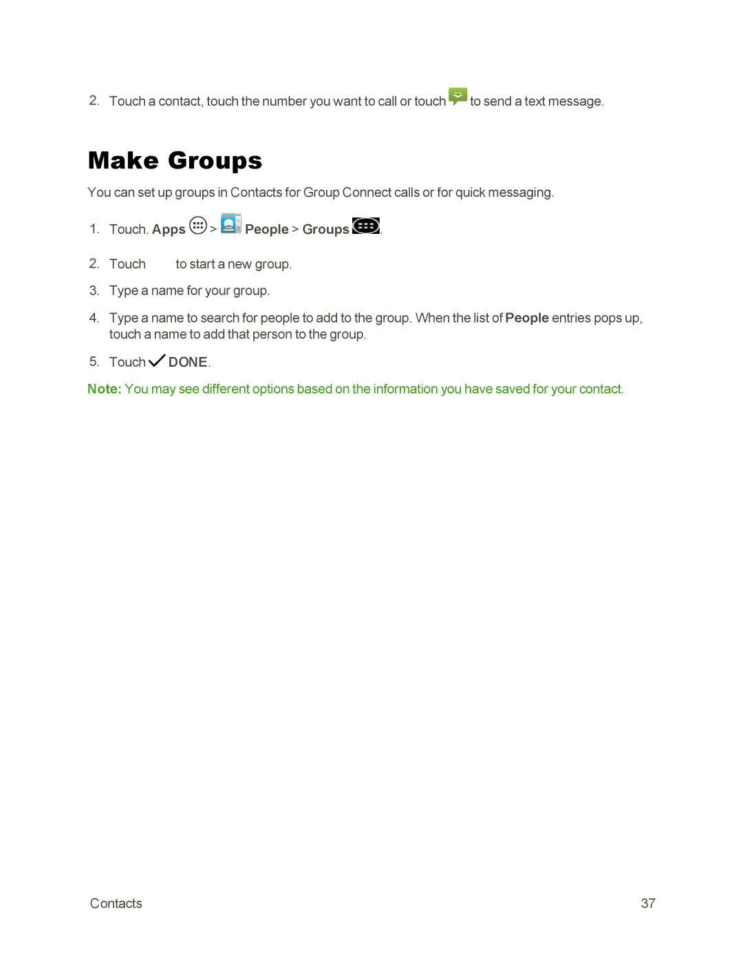 Sprint Nextel 105 manual Make Groups, Touch. Apps People Groups 