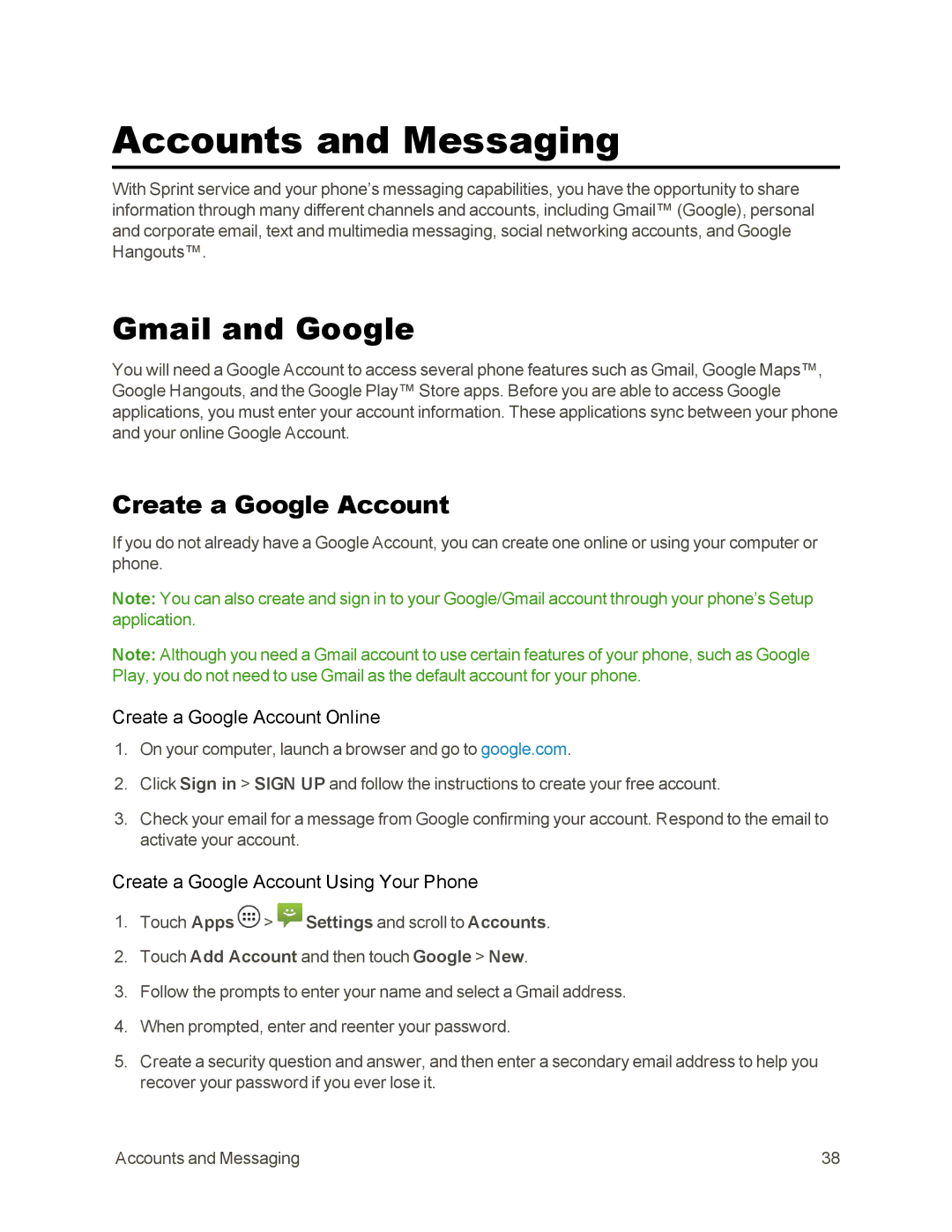 Sprint Nextel 105 manual Accounts and Messaging, Gmail and Google, Create a Google Account Online 