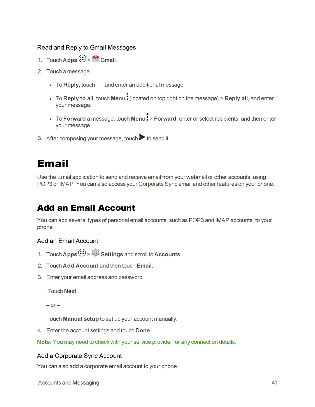 Sprint Nextel 105 manual Add an Email Account, Read and Reply to Gmail Messages, Add a Corporate Sync Account 
