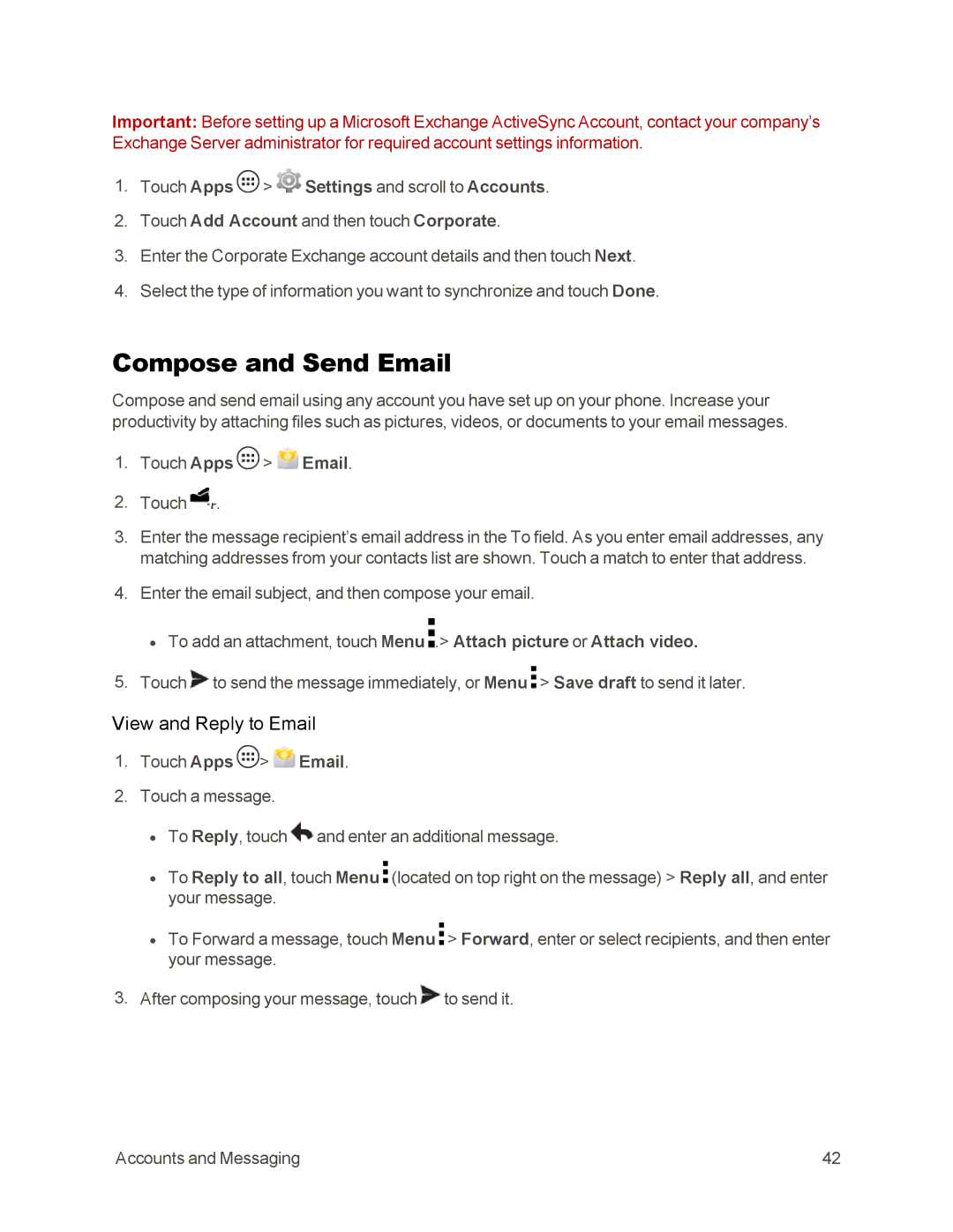 Sprint Nextel 105 manual Compose and Send Email, View and Reply to Email, Touch Apps Email 