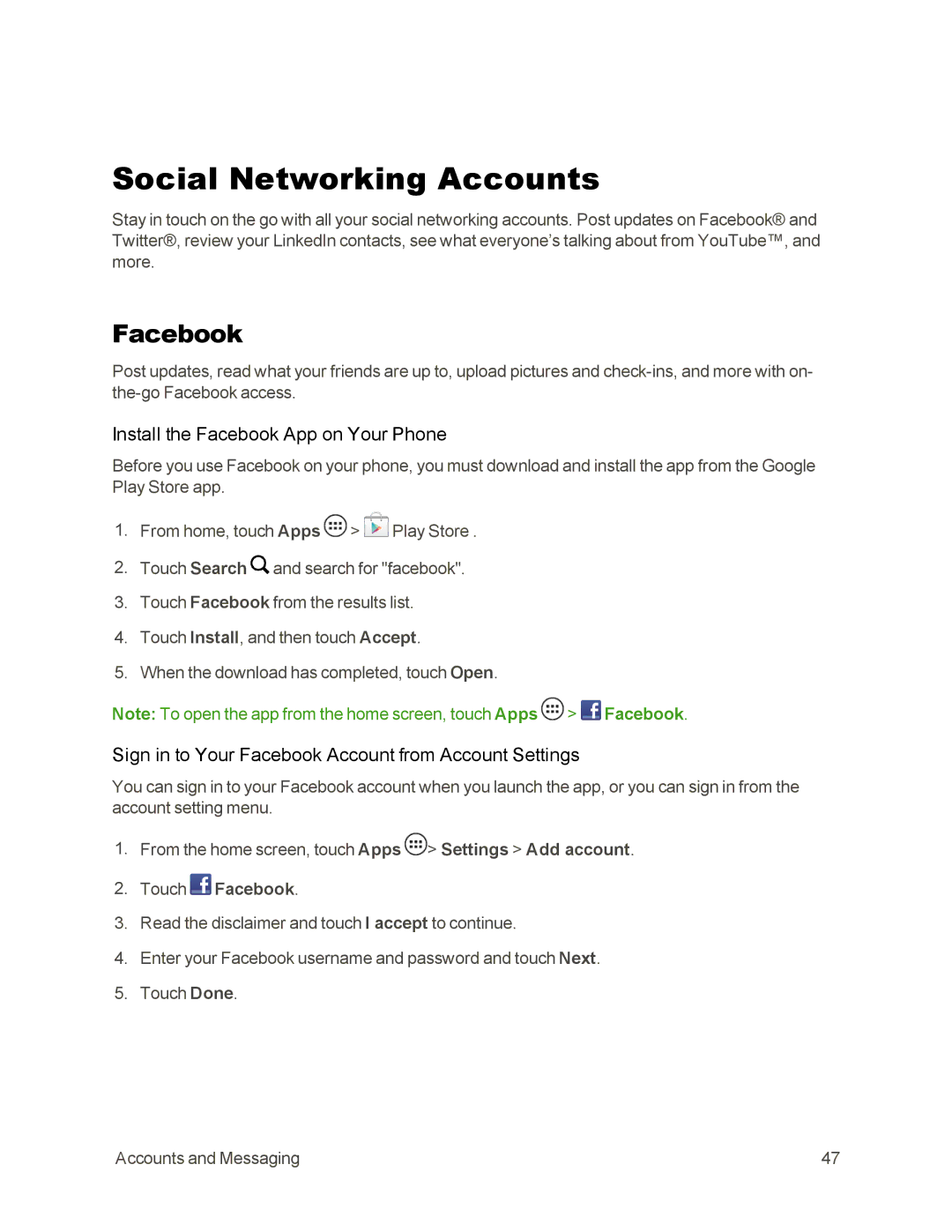 Sprint Nextel 105 manual Social Networking Accounts, Install the Facebook App on Your Phone, Touch Facebook 