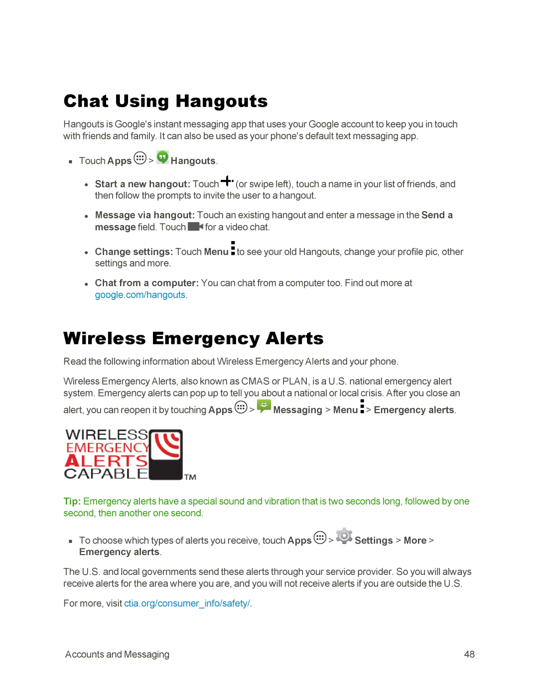 Sprint Nextel 105 manual Chat Using Hangouts, Wireless Emergency Alerts, Touch Apps Hangouts 