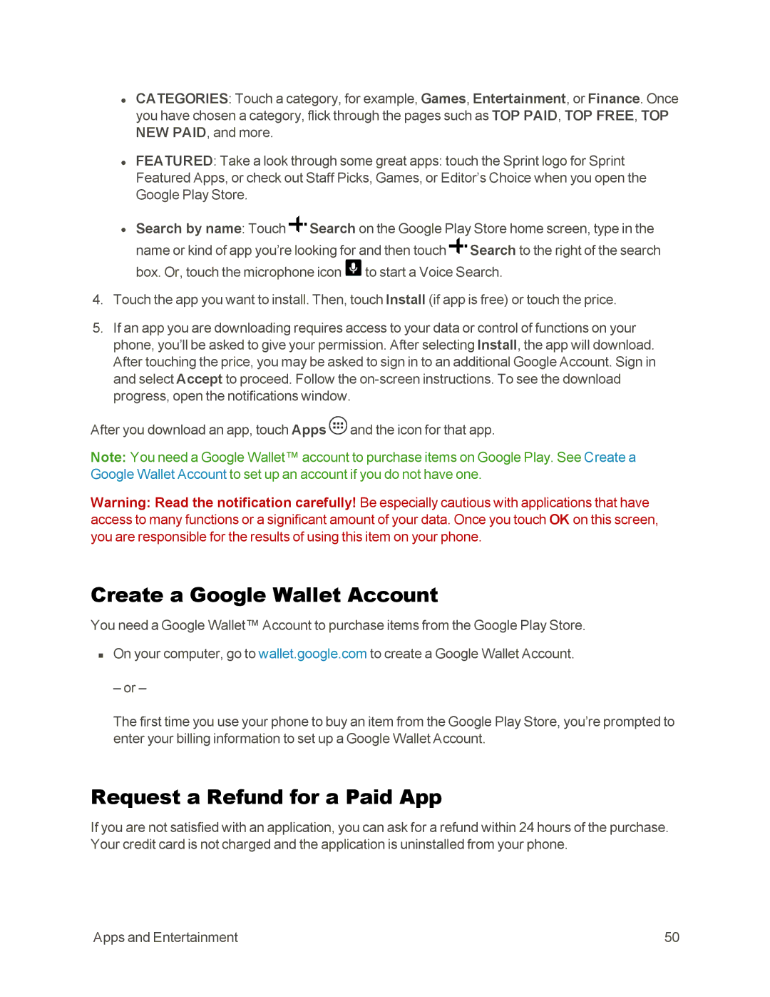 Sprint Nextel 105 manual Create a Google Wallet Account, Request a Refund for a Paid App 