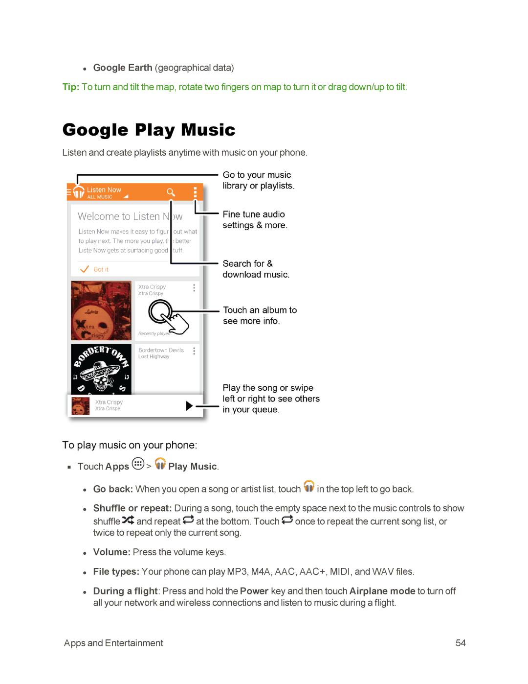 Sprint Nextel 105 manual Google Play Music, To play music on your phone, Touch Apps Play Music 