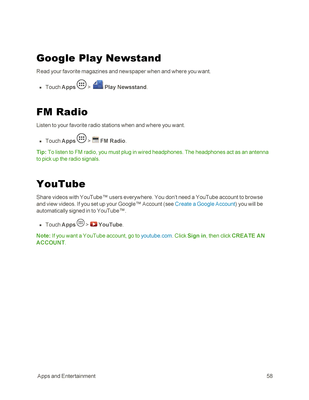 Sprint Nextel 105 manual Google Play Newstand, FM Radio, YouTube 