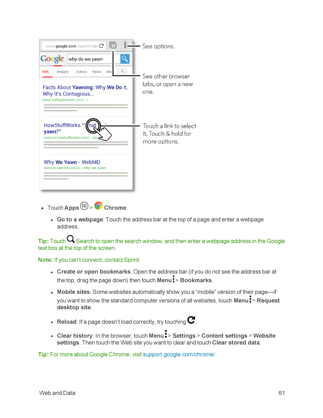 Sprint Nextel 105 manual Touch Apps Chrome 