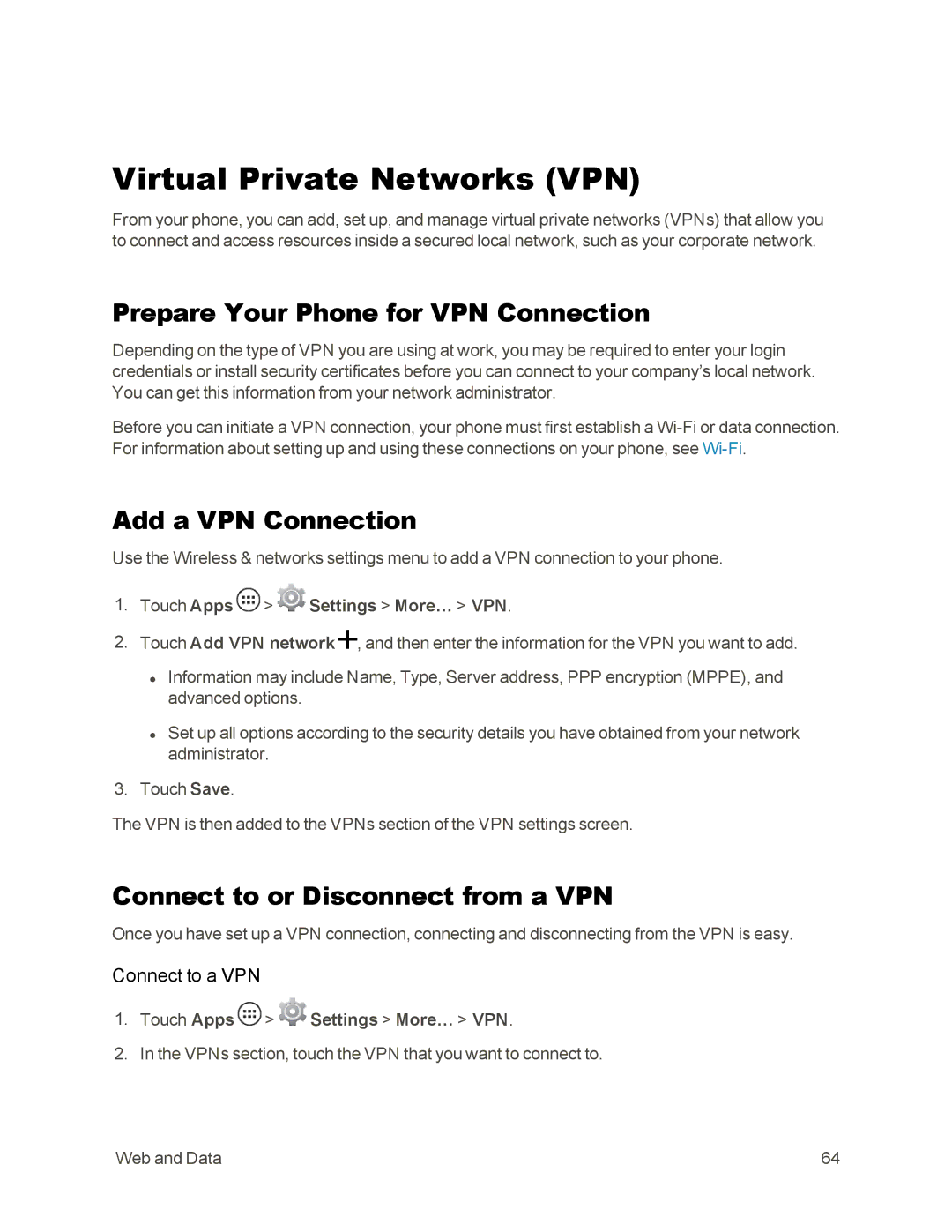 Sprint Nextel 105 manual Virtual Private Networks VPN, Prepare Your Phone for VPN Connection, Add a VPN Connection 