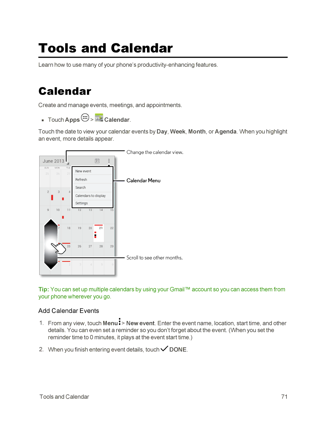 Sprint Nextel 105 manual Tools and Calendar, Add Calendar Events, Touch Apps Calendar 